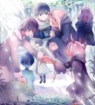  1boy 1girl black_hair blue_eyes book coat couple darling_in_the_franxx fur_trim green_eyes grey_coat hiro_(darling_in_the_franxx) holding holding_book holding_hand horns long_hair looking_at_another parka pink_hair rain_oa red_skin short_hair spoilers zero_two_(darling_in_the_franxx) 