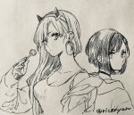  2girls artist_name candy darling_in_the_franxx earrings expressionless food highres horns ichigo_(darling_in_the_franxx) jewelry lollipop monochrome multiple_girls ricenyan traditional_media zero_two_(darling_in_the_franxx) 
