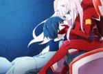  1boy 1girl black_hair blue_eyes couple darling_in_the_franxx face-to-face gloves green_eyes hands_on_another&#039;s_face highres hiro_(darling_in_the_franxx) horns leje39 long_hair looking_at_another military military_uniform pilot_suit pink_hair red_gloves short_hair sitting uniform zero_two_(darling_in_the_franxx) 