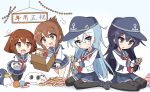  4girls akatsuki_(kantai_collection) black_legwear blue_eyes bracelet brown_eyes brown_hair dress eyebrows_visible_through_hair failure_penguin hair_between_eyes hat hibiki_(kantai_collection) highres ichi ikazuchi_(kantai_collection) inazuma_(kantai_collection) jewelry kantai_collection long_hair miniskirt miss_cloud multiple_girls neckerchief pantyhose pearl_bracelet ponytail purple_hair sailor_collar sailor_dress sailor_hat school_uniform serafuku shoes silver_hair simple_background skirt violet_eyes white_background 