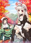  2girls ;d asa_(swallowtail) autumn_leaves bangs black_dress black_footwear black_hairband blue_sky blush boots brown_footwear brown_hair c: closed_mouth clouds commentary_request cross-laced_footwear day doll_joints dress eyebrows_visible_through_hair flower frilled_boots frilled_hairband frilled_shirt_collar frills gothic_lolita green_dress green_eyes hair_between_eyes hairband head_scarf head_tilt high_heel_boots high_heels highres juliet_sleeves knee_boots lace-up_boots leaf lolita_fashion long_hair long_sleeves looking_at_viewer maple_leaf mountain multiple_girls one_eye_closed open_mouth outdoors pantyhose puffy_sleeves red_flower red_rose rock rose rozen_maiden silver_hair sitting skirt_basket sky smile suigintou suiseiseki tree very_long_hair white_legwear wide_sleeves 