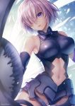  1girl armor armored_dress artist_name bangs breasts commentary_request cowboy_shot elbow_gloves eyebrows_visible_through_hair fate/grand_order fate_(series) gloves hagino_kouta hair_over_one_eye highres holding holding_shield large_breasts lavender_hair looking_at_viewer mash_kyrielight navel navel_cutout one_eye_covered parted_lips shield short_hair solo standing violet_eyes 