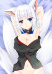  1girl animal_ears armpits arms_up azur_lane bangs bare_arms bare_shoulders black_kimono blue_eyes blush breasts cleavage collarbone commentary_request eyebrows_visible_through_hair fox_ears fox_girl fox_tail groin head_tilt japanese_clothes kaga_(azur_lane) kimono kitsune large_breasts looking_at_viewer lying navel noname_(reticulian) on_back out-of-frame_censoring parted_lips short_hair short_kimono silver_hair solo tail 