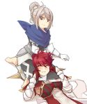  armor blush fire_emblem fire_emblem_heroes fire_emblem_if gloves grey_hair hair_bun highres hinoka_(fire_emblem_if) jaegan kanna_(fire_emblem_if) long_hair open_mouth pointy_ears redhead scarf simple_background smile white_hair wrestling 