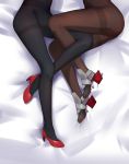  2girls absurdres bed_sheet black_footwear bodystocking character_request commentary_request covered_navel high_heels highres leg_between_thighs legs lower_body lying multiple_girls no_pants on_side red_footwear rudder_shoes thighs ze_(wzfnn001) zhan_jian_shao_nyu 