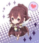  anna_(fire_emblem) armored_boots bangs blush boots breasts brown_cape brown_eyes brown_gloves brown_hair brown_jacket brown_shorts chibi closed_mouth commentary_request eyebrows_visible_through_hair fingerless_gloves fire_emblem fire_emblem:_kakusei gloves hair_between_eyes halftone halftone_background heart high_ponytail holding holding_sword holding_weapon indoors jacket knee_boots long_hair long_sleeves looking_at_viewer medium_breasts milkpanda ponytail puffy_long_sleeves puffy_sleeves shirt short_shorts shorts smile solo sparkle spoken_heart standing sword weapon yellow_shirt 