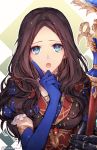  1girl :o black_hair blue_eyes blue_gloves fate/grand_order fate_(series) gloves highres holding holding_staff jewelry leonardo_da_vinci_(fate/grand_order) long_hair looking_at_viewer open_mouth solo staff twitter_username upper_body zelovel 