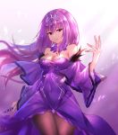  1girl bare_shoulders black_fire_(peter02713) black_legwear bow breasts caster_(lostbelt) cleavage detached_collar eyebrows_visible_through_hair fate/grand_order fate_(series) hair_bow highres medium_breasts pantyhose red_eyes scathach_(fate/grand_order) solo thigh_gap tiara violet_eyes wide_sleeves 
