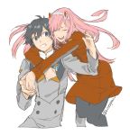  1boy 1girl artist_name darling_in_the_franxx hiro_(darling_in_the_franxx) horns hug hug_from_behind ricenyan simple_background white_background zero_two_(darling_in_the_franxx) 