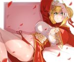  1girl :&lt; ahoge arm_up bangs bare_legs blonde_hair breasts cleavage cleavage_cutout closed_mouth covering_face dress eyebrows_visible_through_hair fate/extra fate_(series) feet_out_of_frame green_eyes hair_bun hair_ribbon highres knee_up large_breasts light long_sleeves lying navel nero_claudius_(fate) nero_claudius_(fate)_(all) on_back panties red_dress red_panties red_ribbon ribbon rinhee see-through short_hair side-tie_panties solo sunlight thighs underwear wide_sleeves 