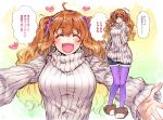  1girl :d ahoge bear_slippers blush breasts closed_eyes commentary_request idolmaster idolmaster_cinderella_girls incoming_hug medium_breasts moroboshi_kirari multiple_views open_mouth orange_eyes orange_hair outstretched_arms pantyhose purple_legwear ribbed_sweater shorts sketch sleeves_past_wrists slippers smile solo sweater takanashi_ringo translation_request turtleneck turtleneck_sweater twintails wavy_hair white_sweater 