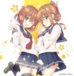  2girls ;d akitsuki_tsukasa anchor_symbol anniversary black_legwear black_sailor_collar black_skirt blush brown_eyes brown_hair cherry_blossoms commentary_request cowboy_shot folded_ponytail hair_ornament hairclip ikazuchi_(kantai_collection) inazuma_(kantai_collection) kantai_collection kneehighs loafers long_hair looking_at_viewer multiple_girls neckerchief one_eye_closed open_mouth petals pleated_skirt red_neckwear sailor_collar school_uniform serafuku shoes short_hair skirt smile star starry_background steepled_fingers teeth thigh-highs twitter_username two-tone_background 