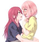  2girls bang_dream! blue_eyes blush bow earrings eye_contact face-to-face full-face_blush green_eyes hair_bow hair_over_shoulder hug jewelry long_hair looking_at_another low_twintails multiple_girls navy_blue_shirt open_mouth pink_hair re_ghotion red_bow redhead shirt short_sleeves simple_background smile sweatdrop twintails udagawa_tomoe uehara_himari v-shaped_eyebrows white_background yellow_shirt yuri 