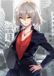  1girl alternate_costume bag bangs black_jacket blonde_hair building car city collarbone earrings eyebrows_visible_through_hair fate/apocrypha fate_(series) grey_hair ground_vehicle hand_on_hip highres jacket jeanne_d&#039;arc_(alter)_(fate) jeanne_d&#039;arc_(fate)_(all) jewelry long_sleeves monochrome_background motor_vehicle necklace outdoors parted_lips pendant red_shirt shirt short_hair shoulder_bag smile solo tsurukame upper_body v-neck 