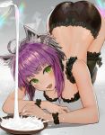  1girl all_fours animal_ears animal_print atalanta_(fate) bad_anatomy bangs black_legwear blush bowl cat_ears cat_print danann error eyebrows_visible_through_hair fate/grand_order fate_(series) frills green_eyes half_updo highres lingerie looking_at_viewer milk multicolored_hair open_mouth purple_hair short_hair sidelocks solo thigh-highs two-tone_hair underwear 