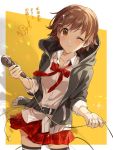  1girl belt belt_buckle blush brown_eyes brown_hair buckle cable chains chibi_inset collared_shirt commentary cowboy_shot eyebrows_visible_through_hair hair_ornament hairclip holding holding_microphone honda_mio hood hood_down hooded_jacket idolmaster idolmaster_cinderella_girls idolmaster_cinderella_girls_starlight_stage jacket loose_necktie microphone necktie one_eye_closed open_clothes open_jacket p-head_producer plaid plaid_neckwear plaid_skirt pleated_skirt red_skirt shirt short_hair skirt smile solo star striped striped_legwear thigh-highs translation_request zattape zettai_ryouiki 