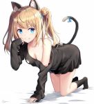  1girl all_fours animal_ears bangs black_shirt blonde_hair blue_eyes blush cat_ears cat_tail clenched_teeth double_bun eyebrows_visible_through_hair long_hair looking_at_viewer off-shoulder_shirt original parted_lips paw_print rin_yuu shirt sleeves_past_wrists smile solo tail teeth twintails 