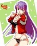  1girl :d aoba_(smartbeat) bikini black_bikini blue_eyes breasts character_name cleavage fate/grand_order fate_(series) jacket large_breasts long_hair looking_at_viewer midriff navel open_mouth pointing pointing_at_viewer purple_hair saint_martha saint_martha_(swimsuit_ruler)_(fate) smile solo swimsuit 