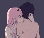 1boy 1girl black_hair commentary couple darling_in_the_franxx english_commentary green_eyes hand_on_another&#039;s_head hiro_(darling_in_the_franxx) horns hug k_016002 licking long_hair nightgown pink_hair shirtless short_hair zero_two_(darling_in_the_franxx) 