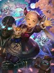  1girl :d bangs blonde_hair blurry blurry_foreground brown_eyes commentary_request crown depth_of_field double_bun dress dutch_angle eyebrows_visible_through_hair flower full_moon gauntlets glowing glowing_eyes isaroishin juliet_sleeves light_brown_hair long_hair long_sleeves looking_at_viewer luna_(shadowverse) moon mordecai_the_duelist mummy night night_sky object_hug open_mouth outdoors outstretched_arm petals pink_flower puffy_sleeves purple_dress shadowverse side_bun sidelocks sitting_on_shoulder skeleton sky smile solo star_(sky) starry_sky stuffed_animal stuffed_toy twintails upper_teeth very_long_hair 