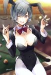  1girl ;d animal_ears bangs billiards black_leotard blurry blurry_background bow bowtie breasts bunny_girl bunny_tail bunnysuit cleavage commentary_request covered_nipples cowboy_shot cue_ball cue_stick cuff_links detached_collar glint grey_hair hands_up highleg highleg_leotard highres holding indoors large_breasts leotard long_sleeves looking_at_viewer nail_polish one_eye_closed open_mouth original pantyhose pink_eyes pool_table purple_nails purple_neckwear rabbit_ears short_hair signature sitting sleeve_cuffs smile solo swept_bangs tail teeth west_potato white_legwear wing_collar 
