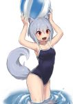  1girl :d absurdres animal_ears armpits arms_up ball bangs bare_arms bare_shoulders beachball black_swimsuit blush collarbone covered_navel fangs highres holding holding_ball inubashiri_momiji matinmorgen open_mouth red_eyes ripples school_swimsuit shiny shiny_hair short_hair silver_hair simple_background smile solo standing swimsuit tail tareme touhou wading water white_background wolf_ears wolf_tail 