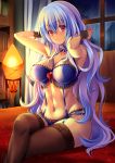  1girl bangs bed_sheet black_legwear blue_bra blue_hair blue_panties book bookshelf bow bow_bra bow_panties bra breasts curtains eyebrows_visible_through_hair hair_between_eyes hands_up hijikawa_arashi indoors kamishirasawa_keine lace lace-trimmed_bra lace-trimmed_panties lace-trimmed_thighhighs lamp large_breasts multicolored_hair navel night night_sky on_bed panties red_bow red_eyes sitting sky solo stomach thigh-highs touhou underwear underwear_only white_hair window wrist_cuffs 