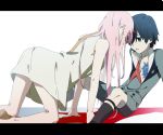  1boy 1girl black_hair blue_eyes couple darling_in_the_franxx face-to-face highres hiro_(darling_in_the_franxx) horns leje39 long_hair looking_at_viewer military military_uniform necktie nightgown open_clothes pink_hair red_neckwear scarf short_hair sitting uniform zero_two_(darling_in_the_franxx) 