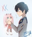  1boy black_hair blue_eyes blush darling_in_the_franxx doll green_eyes highres hiro_(darling_in_the_franxx) holding holding_doll horns long_hair male_focus military military_uniform nakoya_(nane_cat) pink_hair short_hair signature solo uniform zero_two_(darling_in_the_franxx) 