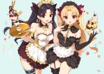  2girls alternate_costume apron arm_garter asymmetrical_legwear bangs bare_shoulders black_gloves black_hair black_legwear blonde_hair blue_background blush breasts cleavage collar commentary_request dessert detached_collar earrings elbow_gloves ereshkigal_(fate/grand_order) eyebrows_visible_through_hair fate/grand_order fate_(series) food frilled_apron frilled_collar frilled_legwear frilled_skirt frills fruit gloves hair_ribbon hoop_earrings ice_cream ishtar_(fate/grand_order) jewelry long_hair looking_at_viewer maid maid_apron maid_headdress multiple_girls open_mouth parfait parted_bangs red_eyes red_ribbon ribbon siblings simple_background single_elbow_glove single_glove single_sleeve single_thighhigh sisters skirt skull spine spoon thigh-highs tray twintails two_side_up upper_teeth yang-do 