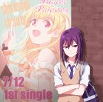  1girl :d against_wall arm_cuffs bag bang_dream! bangs blonde_hair blue_neckwear bow brick_wall character_name collarbone collared_shirt crossed_arms group_name hair_between_eyes index_finger_raised long_hair necktie open_mouth ponytail poster_(object) purple_hair re_ghotion red_eyes school_bag school_uniform seta_kaoru shirasagi_chisato shirt short_sleeves sidelocks smile solo sweater_vest upper_body white_shirt wrist_bow 