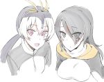  2girls :d :o akino_sora antenna_hair bangs blush emperor_penguin_(kemono_friends) eyebrows_visible_through_hair eyes_visible_through_hair hair_over_one_eye headphones highres kemono_friends looking_at_viewer low_twintails multicolored_hair multiple_girls open_mouth pale_color parted_lips royal_penguin_(kemono_friends) simple_background smile streaked_hair twintails upper_body white_background 