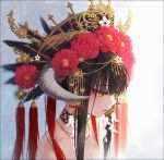  1girl earrings feather_hair_ornament flower hair_flower hair_ornament hakusai_(tiahszld) horned_headwear jewelry looking_down original red_eyeshadow solo tassel white_background yellow_eyes 