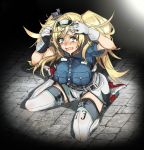  1girl bangs belt belt_buckle bitchcraft123 black_legwear blonde_hair blue_eyes blue_shirt boots breast_pocket buckle buttons collared_shirt covering_head crying crying_with_eyes_open dress_shirt eyebrows eyebrows_visible_through_hair gambier_bay_(kantai_collection) gloves hair_between_eyes hairband hand_on_own_head kantai_collection legs_apart long_hair number open_mouth platform_footwear pocket scared shirt shorts sitting solo tears teeth thigh-highs thigh_boots tongue twintails wariza white_footwear white_gloves zettai_ryouiki 