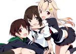  3girls :d black_cardigan black_jacket black_ribbon black_sailor_collar black_serafuku black_skirt blonde_hair brown_eyes brown_hair cardigan fang fubuki_(kantai_collection) gochou_(atemonai_heya) hair_between_eyes hair_flaps hair_ornament hairclip jacket kantai_collection long_hair multiple_girls mutsuki_(kantai_collection) neckerchief open_mouth pleated_skirt red_eyes red_neckwear remodel_(kantai_collection) ribbon sailor_collar scarf school_uniform serafuku short_hair short_sleeves simple_background skirt smile white_background white_scarf yuudachi_(kantai_collection) 