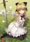  1girl ahoge arm_support artoria_pendragon_(all) bangs bare_shoulders black_footwear black_legwear black_ribbon blonde_hair bow breasts bug butterfly caliburn cleavage day detached_collar dress fate/unlimited_codes fate_(series) flower full_body gloves grass green_eyes hair_flower hair_ornament hair_ribbon high_heels highres insect kouzuki_kei lily_(flower) long_hair looking_at_viewer open_mouth outdoors outstretched_arm pantyhose ponytail ribbon round_teeth saber_lily shoes signature sitting small_breasts smile solo sword teeth tsurime weapon white_dress white_gloves yokozuwari 