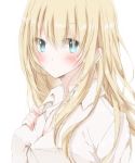  1girl blonde_hair blue_eyes blush dress_shirt eyebrows_visible_through_hair hiro_(hirohiro31) long_hair looking_at_viewer original shirt solo upper_body white_background 