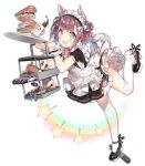  1girl animal_ears apron azur_lane black_dress black_footwear blush bow bowtie bright_pupils brown_hair cake cherry cookie cupcake double_bun dress food fruit full_body green_eyes maid maid_apron maid_headdress official_art pink_bow pink_neckwear rainbow saru shiratsuyu_(azur_lane) shoes short_hair simple_background solo tachi-e tail thigh-highs torpedo transparent_background white_legwear wolf_ears wolf_tail yuudachi_(azur_lane) 