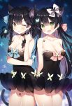  2girls :d animal_ears arms_behind_back ayami bangs bare_shoulders bat black_choker black_dress blue_bow blunt_bangs blush bow braid breasts bug butterfly cat_ears cat_tail choker collarbone crescent crescent_earrings dress earrings eyebrows_visible_through_hair frilled_dress frills hair_bow hand_up head_tilt hexagram insect jewelry large_breasts long_hair looking_at_viewer multicolored_hair multiple_girls one_eye_closed open_mouth original parted_lips pink_bow purple_hair shiny shiny_skin short_dress siblings single_earring smile star_of_david strapless strapless_dress tail tareme thighs twin_braids twins two-tone_hair white_bow yellow_eyes 
