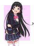  1girl absurdres bangs black_hair black_jacket black_skirt blazer blush bow bowtie buttons commentary_request cowboy_shot dated frilled_skirt frills hair_ornament hairclip highres jacket karahai_(31448823) long_hair long_sleeves looking_at_viewer nijisanji open_mouth pink_bow pink_neckwear plaid plaid_skirt pleated_skirt pocket school_uniform self_hug shiny shiny_hair skirt standing tearing_up tears thigh-highs tsukino_mito two-tone_background virtual_youtuber white_legwear zettai_ryouiki 