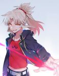  1girl absurdres bangs belt_buckle black_jacket black_pants blonde_hair breasts brown_eyes buckle collarbone eyebrows_visible_through_hair fang fate/apocrypha fate_(series) hair_ornament hair_scrunchie highres jacket long_hair long_sleeves looking_at_viewer midriff mordred_(fate) mordred_(fate)_(all) navel open_clothes open_jacket open_mouth pants parted_bangs ponytail red_scrunchie red_shirt scrunchie shirt small_breasts solo white_belt yorukun 