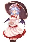  1girl bat_wings black_legwear blue_hair blush bow breasts commentary cowboy_shot dress eyebrows_visible_through_hair frilled_dress frilled_legwear frilled_shirt_collar frills hat hat_bow highres holding holding_umbrella juliet_sleeves junior27016 long_sleeves looking_at_viewer medium_breasts mob_cap neck_bow pink_dress pink_hat pointy_ears puffy_sleeves red_bow red_eyes red_neckwear remilia_scarlet short_hair simple_background smile solo standing thigh-highs touhou umbrella white_background wings zettai_ryouiki 