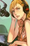  1girl bangs blonde_hair blue_eyes braid character_request copyright_request cup hand_on_headphones hankuri headphones jewelry long_hair microphone mug necklace parted_lips side_braid single_braid sleeveless solo upper_body 