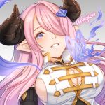  ahngkeut breasts bug butterfly cleavage detached_sleeves gradient gradient_background granblue_fantasy grey_background hair_ornament hair_over_one_eye horns insect large_breasts long_hair looking_at_viewer narmaya_(granblue_fantasy) parted_lips pink_hair pointy_ears shiny shiny_hair smile straight_hair teeth twitter_username upper_body violet_eyes 