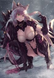  1girl agrius_metamorphosis animal_ears atalanta_(alter)_(fate) atalanta_(fate) breasts cat_ears cleavage clenched_teeth collared_dress commentary_request erect_nipples fate/grand_order fate_(series) fur fur_trim green_eyes hair_ribbon highres large_breasts long_hair looking_to_the_side navel plaster_(2501) ribbon silver_hair solo squatting tail teeth white_ribbon 