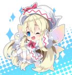  1girl ;d bangs blonde_hair blue_eyes blush boots bow chibi commentary_request dress eyebrows_visible_through_hair fairy_wings hair_between_eyes halftone halftone_background hand_up hat hat_bow lily_white long_hair long_sleeves milkpanda one_eye_closed open_mouth outstretched_arm red_bow sleeves_past_wrists smile solo sparkle thigh-highs thighs touhou v very_long_hair white_background white_dress white_footwear white_hat white_legwear wide_sleeves wings 