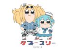  2girls :3 bangs belt belt_buckle bkub_(style) blonde_hair blue_eyes blue_hair blue_neckwear blue_sailor_collar blue_shirt blue_skirt breast_pocket buckle buttons dixie_cup_hat enjaku_izuku eyebrows eyebrows_visible_through_hair full_body gambier_bay_(kantai_collection) grey_eyes hairband hat highres kantai_collection long_sleeves military_hat miniskirt multiple_girls neckerchief parody pleated_skirt pocket poptepipic red_footwear rudder_shoes sailor_collar samuel_b._roberts_(kantai_collection) school_uniform serafuku shirt short_hair short_sleeves simple_background skirt star style_parody twintails whale white_background white_hat 