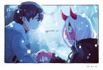  1boy 1girl black_hair blue_eyes coat couple darling_in_the_franxx fur_trim green_eyes grey_coat highres hiro_(darling_in_the_franxx) horns ki_on long_hair looking_at_another parka pink_hair red_skin short_hair snowing spoilers zero_two_(darling_in_the_franxx) 