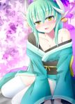  1girl :d bangs bare_shoulders blush breasts cleavage collarbone commentary_request dragon_horns eyebrows_visible_through_hair fate/grand_order fate_(series) green_hair green_kimono hair_between_eyes hair_ornament head_tilt horns japanese_clothes kimono kiyohime_(fate/grand_order) long_hair long_sleeves medium_breasts noname_(reticulian) obi off_shoulder open_mouth sash sidelocks sitting smile solo thigh-highs very_long_hair white_legwear wide_sleeves yellow_eyes 