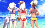  3girls alternate_costume alternate_hairstyle ass ball beach beachball bikini blue_sky bracelet clouds dark_skin dated dimples_of_venus food frilled_swimsuit frills from_behind girls_frontline grey_hair hair_ribbon hat highres holding holding_food ice_cream ice_cream_cone innertube jewelry klin_(girls_frontline) leonat long_hair mp5_(girls_frontline) multiple_girls ocean picnic_basket purple_swimsuit red_bikini ribbon ribeyrolles_1918_(girls_frontline) short_ponytail shoulder_blades side-tie_bikini signature silver_hair sky sparkle standing summer sun_hat swimsuit thighs tying_hair very_long_hair water wavy_hair 